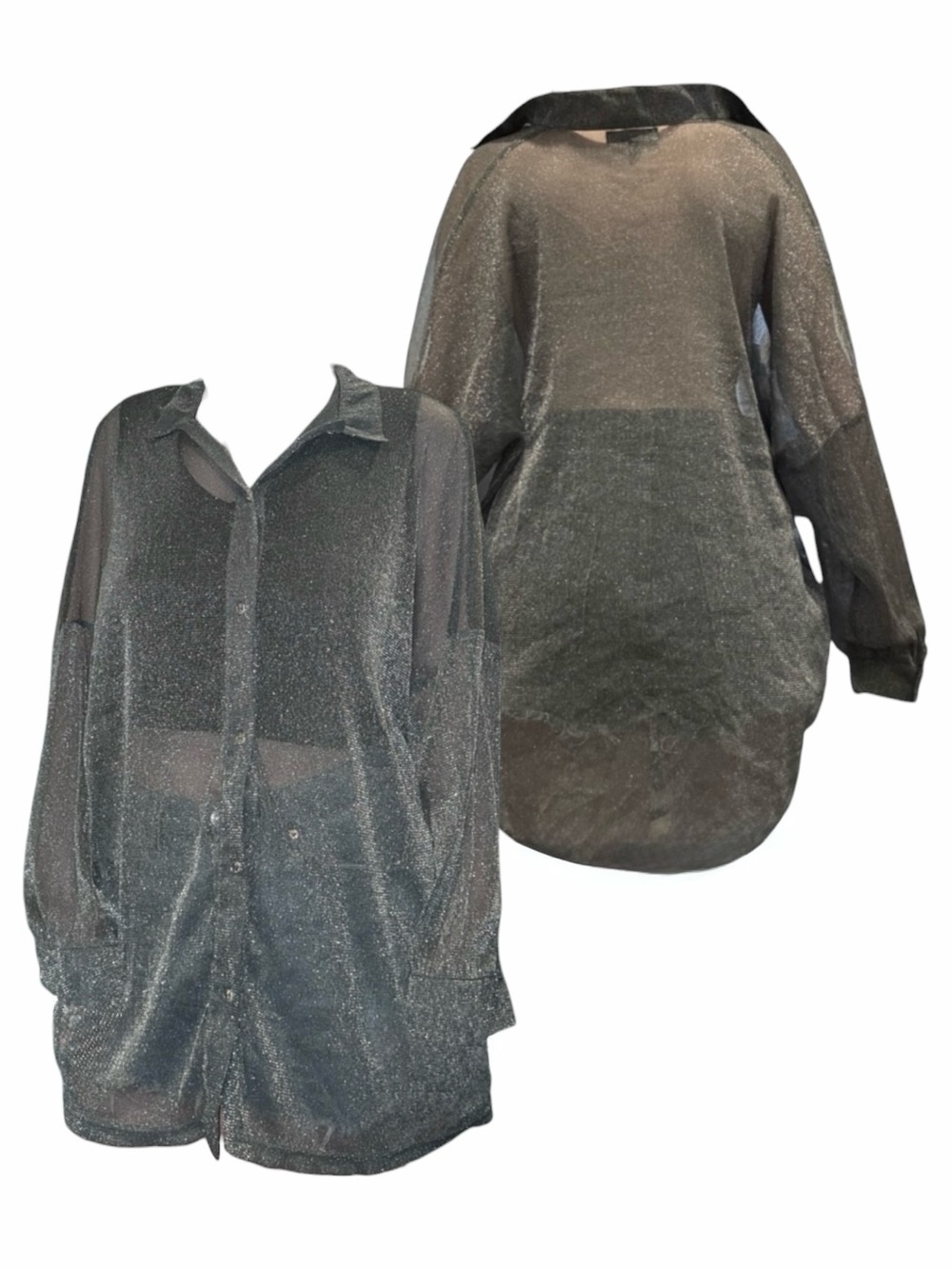 Oversized Sheer Glitter Metallic Long-Sleeve Button Down in Dark Silver